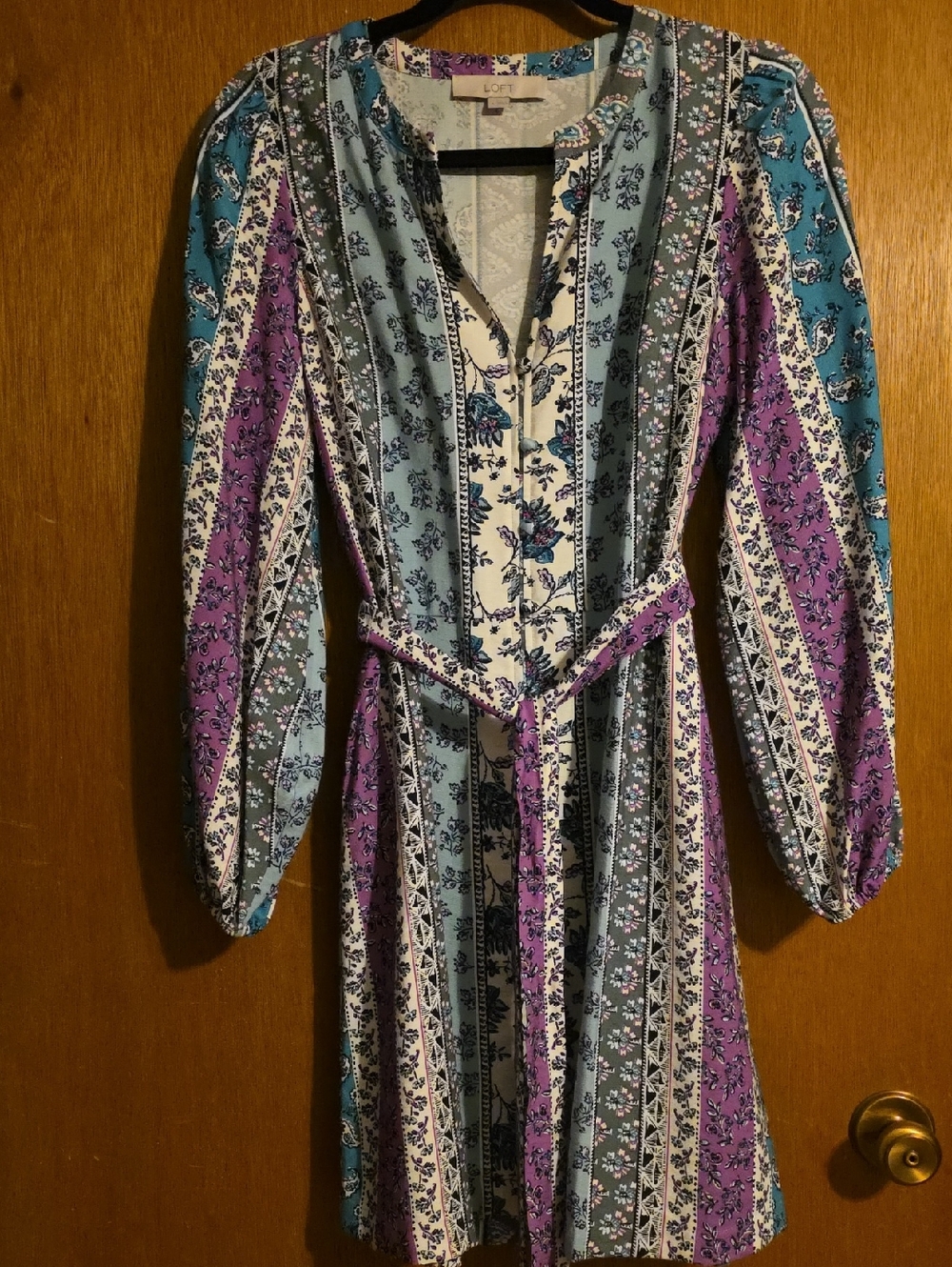 LOFT Striped Floral Boho Dress - Teal, Lavender, Cream Size 4
